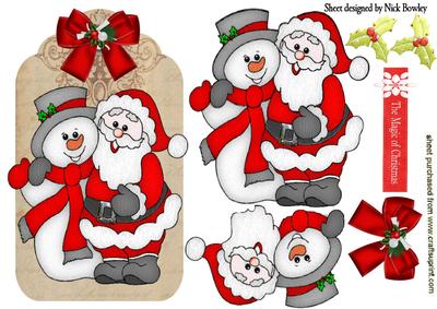 Santa and Snowman on a Tag with Holly Bow