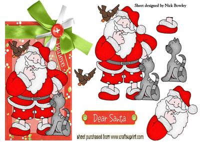 Santa, Kitty & Little Bird on a Tag with Bow