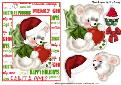 Little Bear in Santa Hat Holding a Big Heart