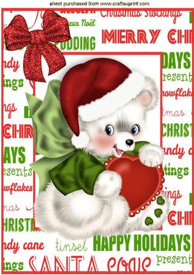Little Bear in Santa Hat Holding a Big Heart A4