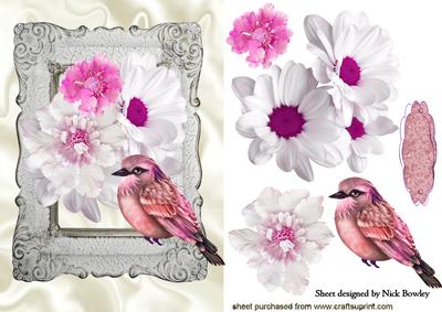Pink Shades of Flowers with Bird in Antique Frame
