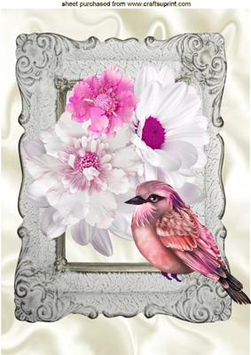 Pink Shades of Flowers with Bird in Antique Frame A4
