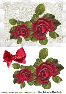 Beautiful Red Roses on Vintage Lace with Bow