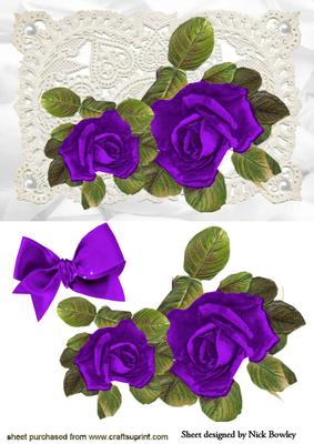 Beautiful Purple Roses on Vintage Lace with Bow