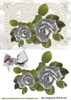 Beautiful Silver Roses on Vintage Lace with Bow