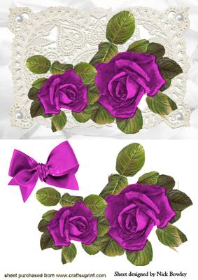 Beautiful Pink Roses on Vintage Lace with Bow