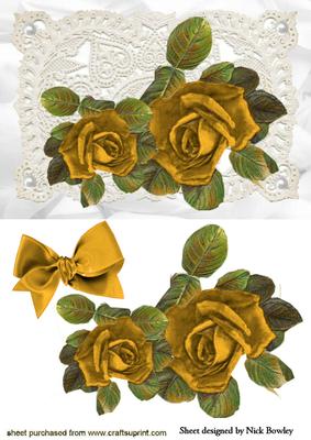 Beautiful Gold Roses on Vintage Lace with Bow