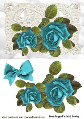 Beautiful Turq Roses on Vintage Lace with Bow