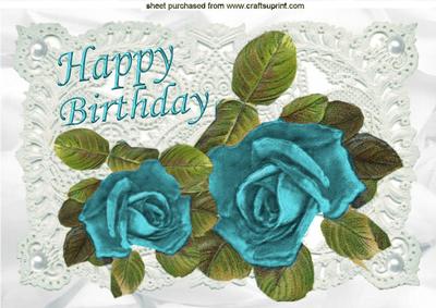 Beautiful Turq Roses on Vintage Lace for Birthday A4