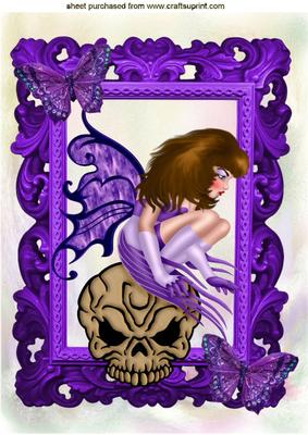 Gothic Faerie in Purple Sitting on a Skull A4