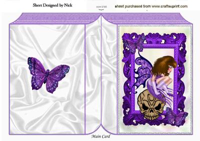 Gothic Faerie in Purple Sitting on a Skull Folded Book
