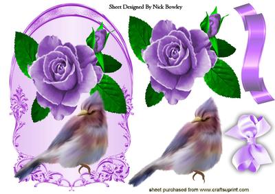 Little Bird with Painted Purple Rose and Bow