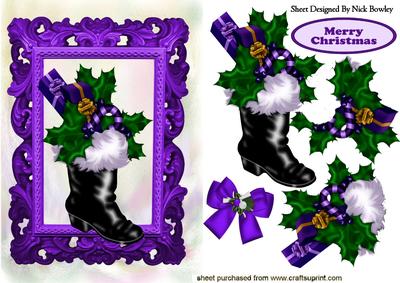 Santa Boot with Purple Bow and Candy Cane