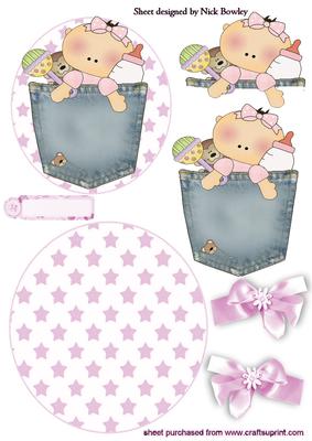 Denim Pocket Baby Girl with Bows Rocker Card