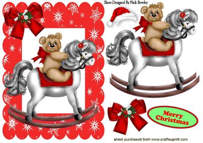 Teddy with Santa Hat on Rocking Horse in Star Frame