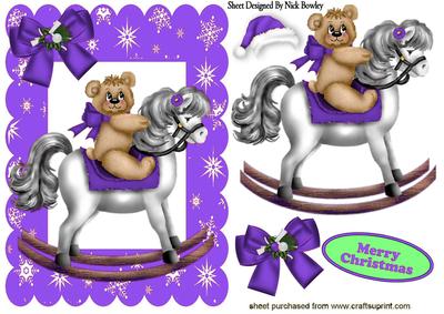 Teddy with Santa Hat on Purple Rocking Horse