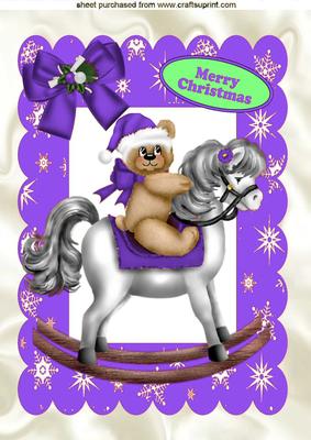 Teddy with Santa Hat on Purple Rocking Horse A4