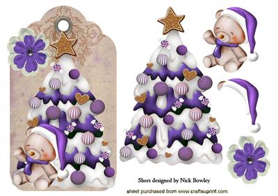 Little Teddy with Purple Christmas Tree on a Tag