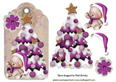 Little Teddy with Pink Christmas Tree on a Tag