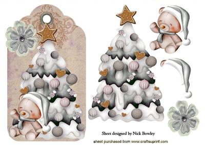 Little Teddy with Silver Christmas Tree on a Tag
