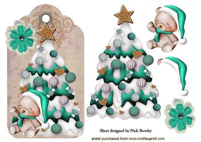 Little Teddy with Turq Christmas Tree on a Tag