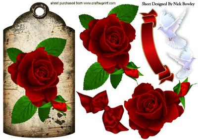 Beautiful Vintage Music Tag of Red Roses and Doves