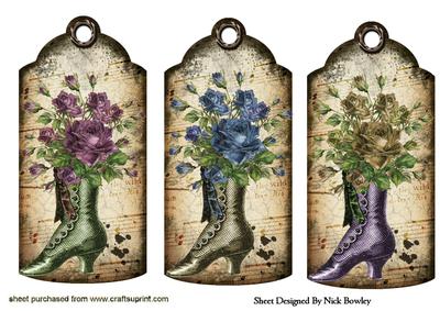 Vintage Boot with Coloured Flowers, Vintage Tags