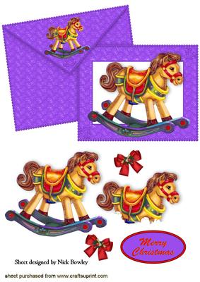 Christmas Rocking Horse on Purple Card & Envelope