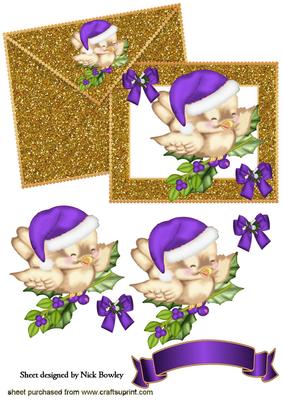 Cute Robin in Purple Santa Hat on Card & Envelope