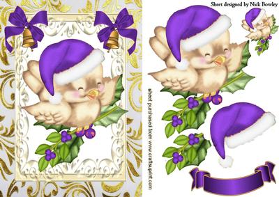 Cute Robin in Purple Santa Hat on Holly with Bells