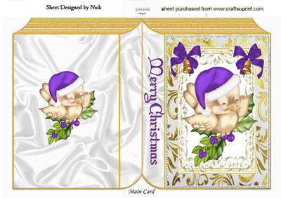 Cute Robin in Purple Santa Hat on Holly Folded Book