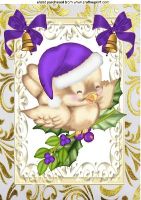 Cute Robin in Purple Santa Hat on Holly A4