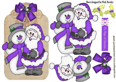 Santa and Snowman in Purple on a Tag
