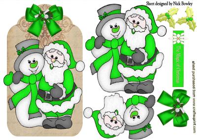 Santa and Snowman in Green on a Tag