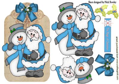 Santa and Snowman in Blue on a Tag