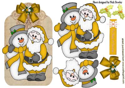 Santa and Snowman in Gold on a Tag