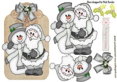 Santa and Snowman in Silver on a Tag