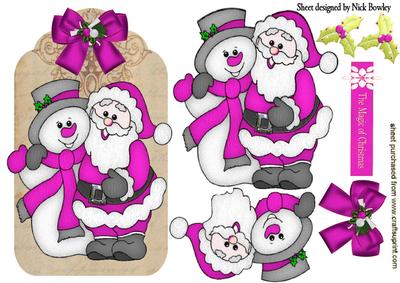 Santa and Snowman in Pink on a Tag