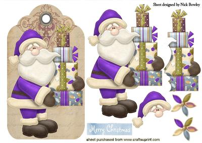 Santa in Purple with Presents on a Tag