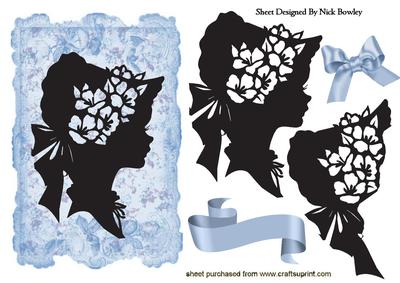 Vintage Silhouette Lady on Blue Floral Frame
