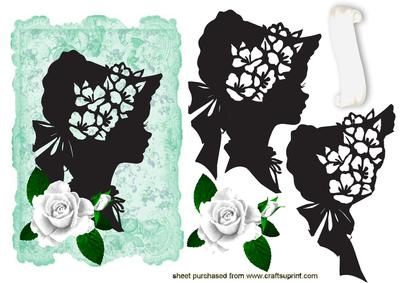 Vintage Silhouette Lady on Green Floral Frame