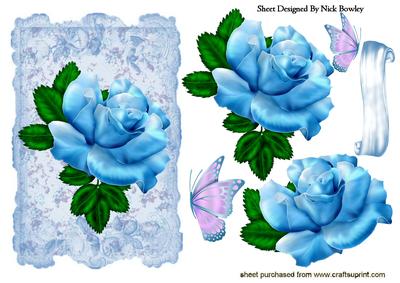 Pretty Blue Rose with Butterflies on Lace