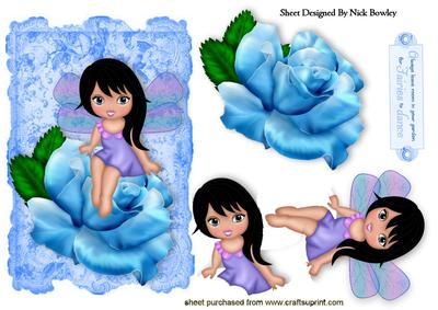 Sweet Faerie Sitting on Blue Rose on Lace