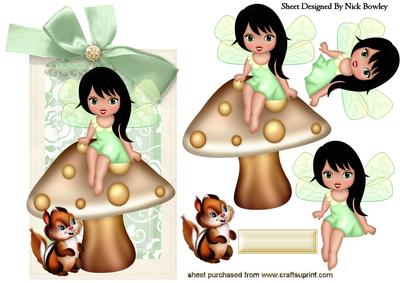 Faerie and Chipmunk Sitting on a Mushroom on a Tag