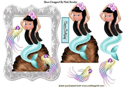 Pretty Blue Mermaid with Fish in Lace Frame