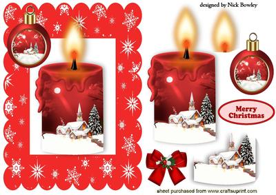 Pretty Candle with Snow Scene with Bauble in Star Frame