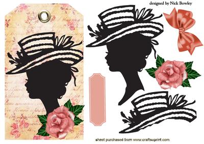 Beautiful Silhouette Lady in Hat on Rose Tag