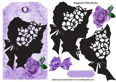 Beautiful Silhouette Lady in Hat on Purple Rose Tag