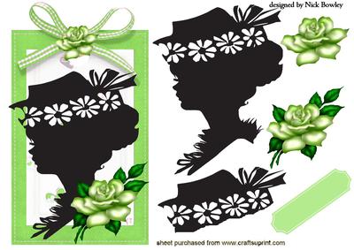 Beautiful Silhouette Lady in Hat on Green Tag