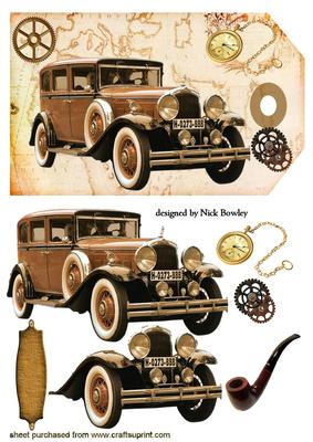 Vintage Car on a Map on Old Vintage Tag